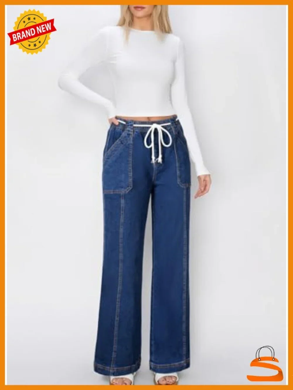 Wide Leg High Waisted Drawstring Straight Leg Jeans with Pockets
